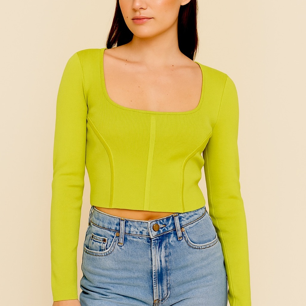 Happily Grey Women's Size L Long Sleeve Corset Style Top Citron Green Stretch